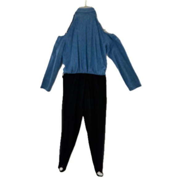 Vintage 90's Denim Cold Shoulder Jumpsuit w/Black Stirrup Pants w/Pockets Size 4 - Picture 15 of 17